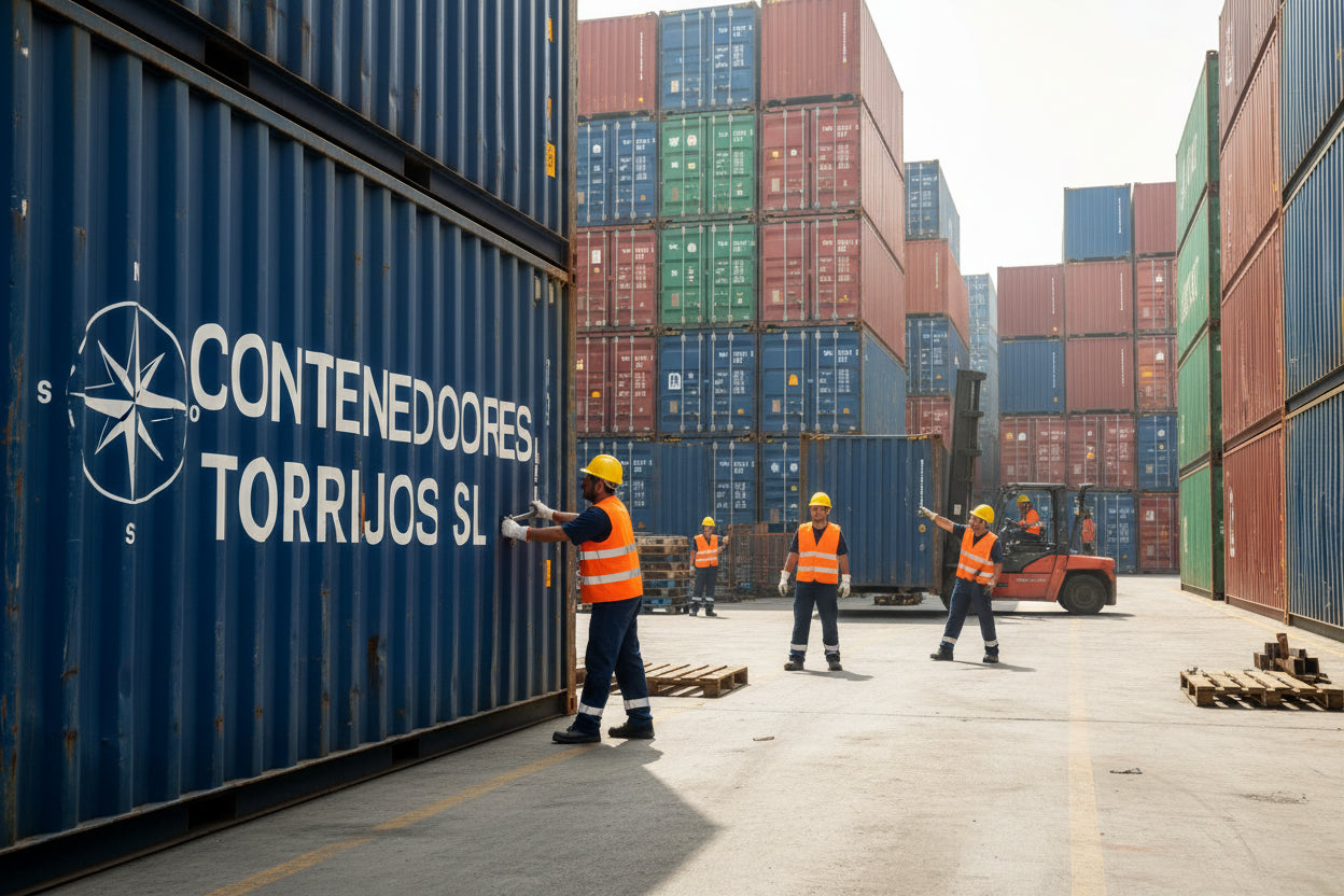 creer une image des ouvrier qui travailleur sur des conteneurs l'entreprise s'appelle Contenedores Torrijos Sl
